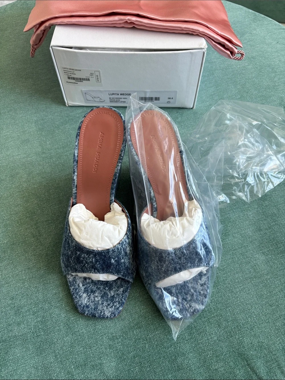 Amina Muaddi Lupita Wedge 95 mm Heel- Denim Acid Open-Toe Wedge - Size EU 38.5